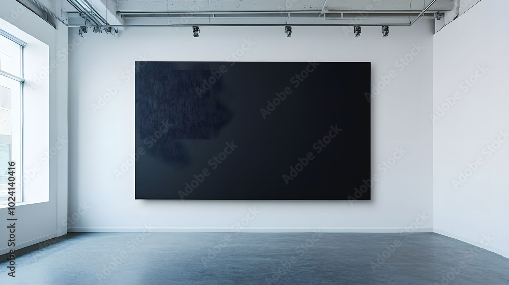Poster horizontal black canvas on white studio wall, centered display in spacious environment, emphasizing 