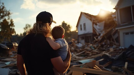 Fototapeta na wymiar A family faces the loss of their home after a natural disaster
