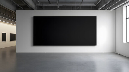 Black Canvas on White Wall, a large horizontal black rectangular canvas centered on a white studio wall, high ceiling enhances its presence