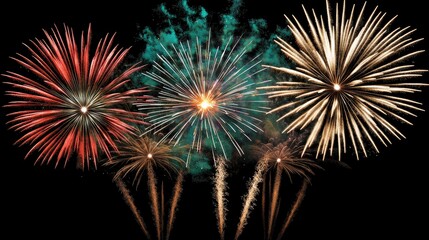 Fototapeta premium Colorful Fireworks Display Against Black Night Sky Celebration Holiday New Year Party