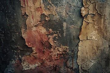 Fototapeta premium Close-up of an old wall with peeling paint, showcasing a rich texture and earthy tones of red, brown, and gray.
