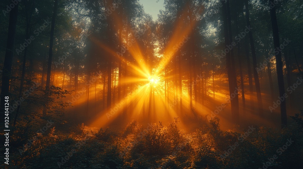 Poster sunbeams burst through the misty trees in a dense forest, creating a mystical and atmospheric scene.