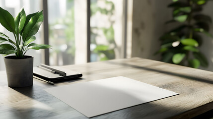 A4 Paper Mockup on Desk, high-resolution display, organized workspace, ambient light enhancing details and textures, professional setting