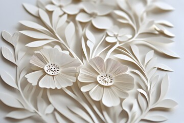 Intricate Paper Flowers and Leaves in White