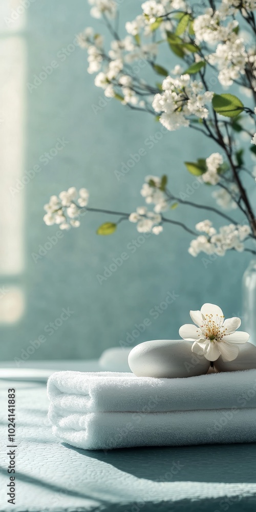 Poster A vase of white flowers sits on a table next to two white towels. The towels are folded neatly and the flowers are arranged in a way that they are the focal point of the scene