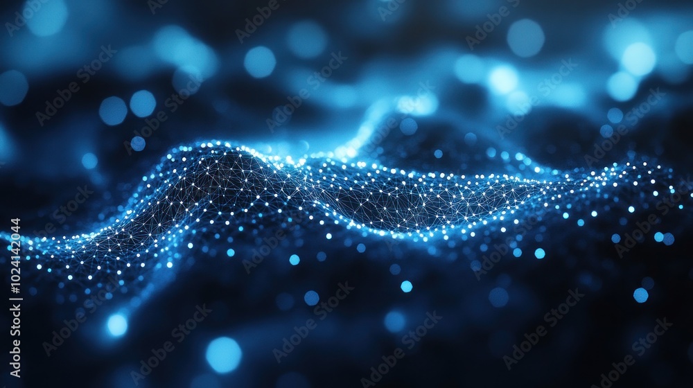 Poster abstract blue and white digital wave background with glowing particles and bokeh.