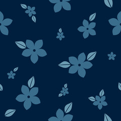Obraz premium Seamless pattern of cute floral and leaf patterns scattered on a blue background for fabric, textiles, clothing, wallpaper, wall art, cover, banner, interior decoration 