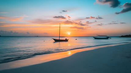 Minimalist Sunset with Boats and Beach Volleyball in Maldives, showcasing balance and order through effective use of negative space