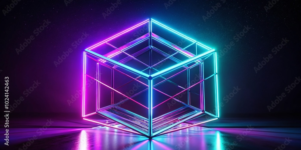 Poster rotating wireframe cube with neon lights in disco nightclub setting