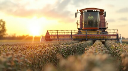 Fototapeta premium Combine Harvester Harvesting Soybeans at Sunset