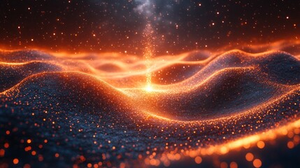 Abstract glowing waves and particles in the dark.