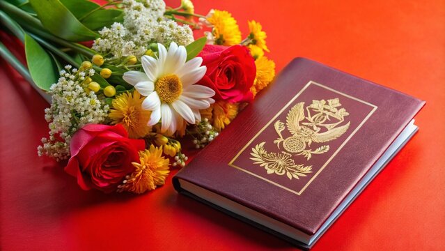 Russian Employment Documents: Record Book, Passport, Insurance Certificate Surrounded by Flowers on Red Background