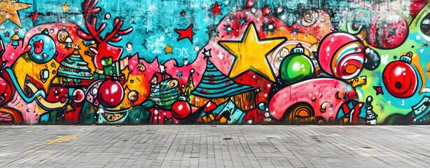 A Christmasthemed street art background featuring a large blank frame