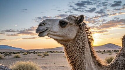 In the soft sunset of the desert in the afternoon, there is a camel. The natural landscape of the desert, the scenery of the desert