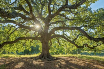 A Majestic Oak Tree With Sunbeams Streaming Through Its Canopy