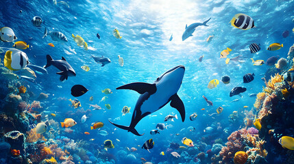 Obraz premium Dreamy underwater world, vibrant fish swimming amidst colorful marine life, killer whales and dolphins in serene blue seawater ambiance