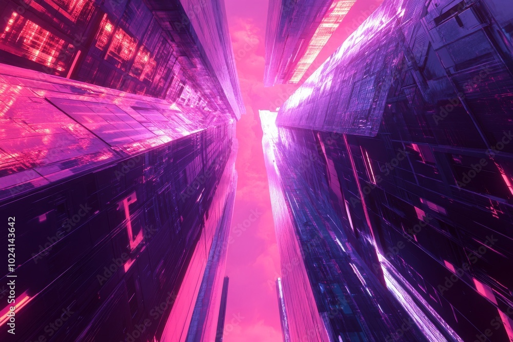 Poster conceptual visualization of a futuristic skyscraper, featuring dynamic synthwave aesthetics and abst