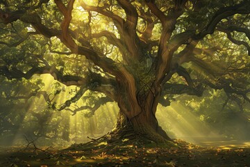 Fototapeta premium Ancient Oak Tree Bathed in Golden Sunlight