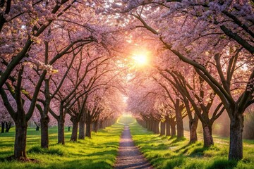 Naklejka premium Long shot of sunlit path through cherry blossom grove