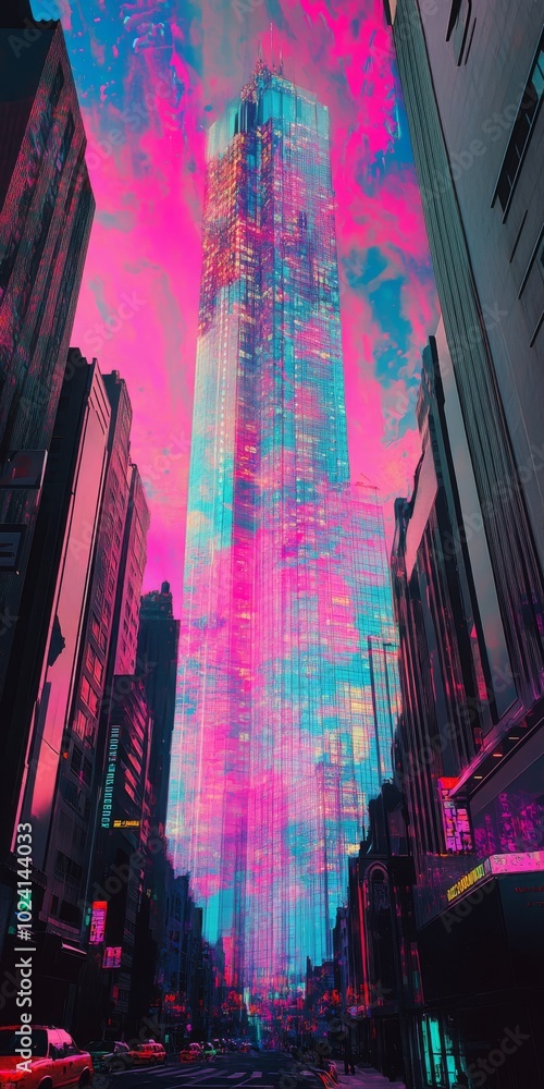 Poster creative double exposure artwork featuring a futuristic skyscraper, blending with vibrant urban patt