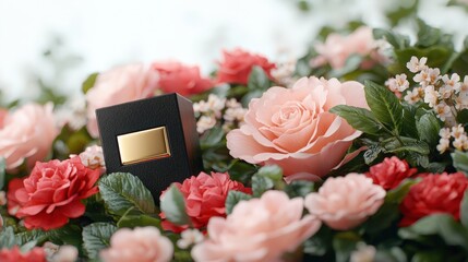 Obraz premium Black Gift Box with Gold Label Surrounded by Pink and Red Flowers
