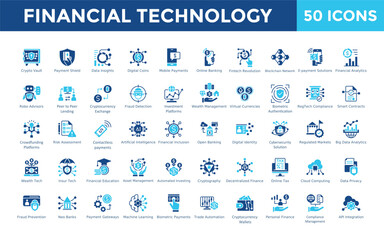 Financial Technology icon set with crypto vault, payment shield, data insights, digital coins, mobile payments, online banking, fintech revolution icon. Simple flat vector 
