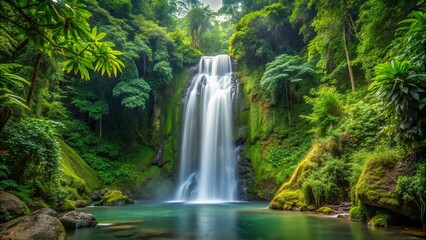 Long shot waterfall in tropical rainforest