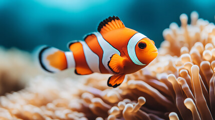 A vibrant clownfish swims gracefully among soft coral, showcasing its bright orange and white stripes
