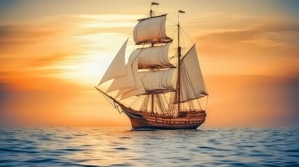 Fototapeta premium A majestic sailing ship gliding through calm waters at sunset, capturing a serene maritime scene.