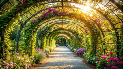 Long sunlit floral garden path with arched greenery tunnels