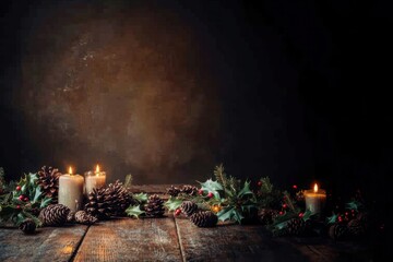 A dark background with candles and pine cones