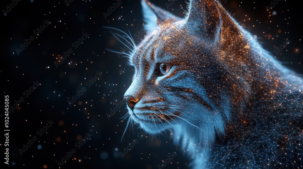Poster a close-up portrait of a bobcat with glowing particles emanating from its fur against a dark backgro