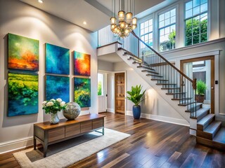 Serene Modern Townhouse Entryway Design Featuring AI Generative Art and Contemporary Decor for a Stylish Home