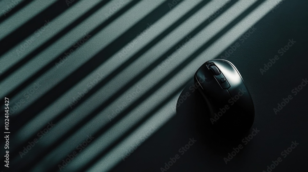 Poster Black Computer Mouse with Shadows on Table Surface