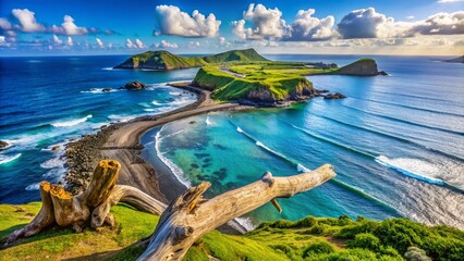 Obraz premium Serene Ocean View of South Tiezhenyu and Toujinyu Islets with Driftwood on Xiyupingyu's North Coast in Penghu