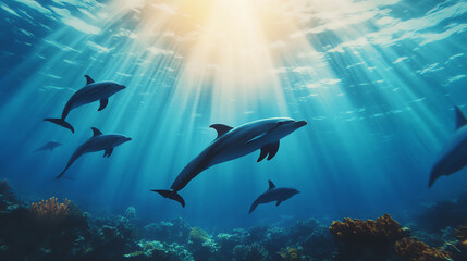 A serene underwater scene featuring dolphins swimming gracefully in sunlit waters, surrounded by vibrant coral formations.