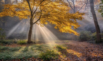 Obraz premium A serene forest scene with golden autumn leaves and sunlight filtering through trees.