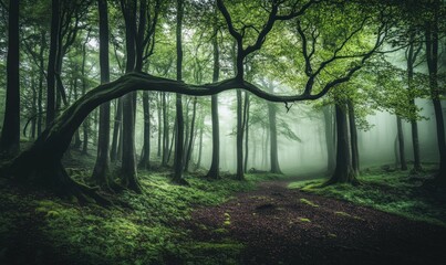 Obraz premium A serene forest scene with mist, lush trees, and a winding path inviting exploration.