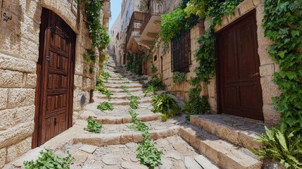Stone Steps and Wooden Doors in a Charming Middle Eastern Alleyway