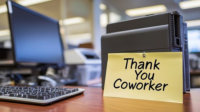 A desk with a computer setup featuring a sticky note that says Thank You Coworker, conveying appreciation in a work environment.