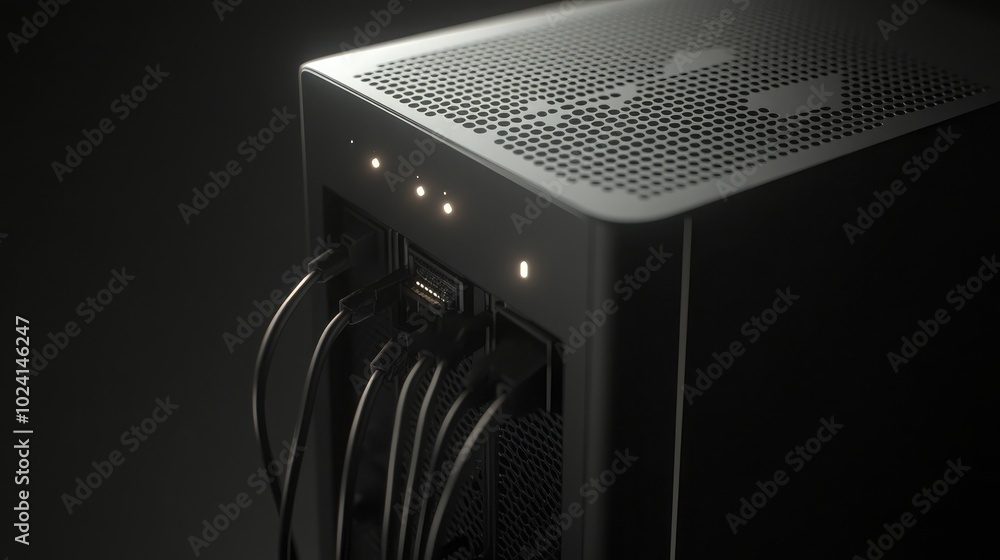 Poster modern device with connected cables in dark setting
