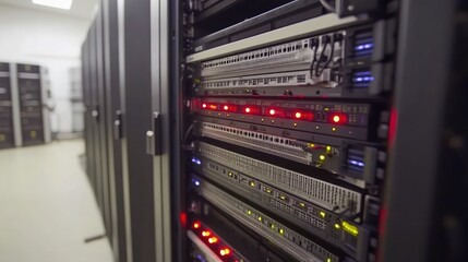Naklejka premium High-Tech Server Room with Active Data Equipment