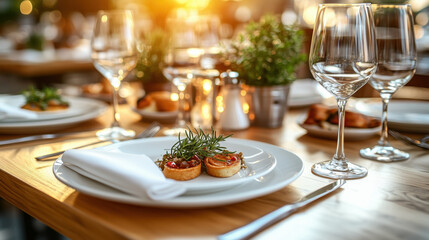 Elegant dining setting with gourmet dish and wine glasses, perfect for special occasions