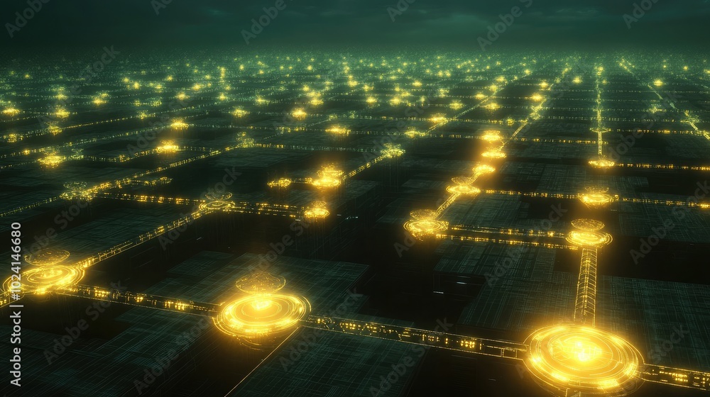 Poster futuristic grid with glowing nodes and dark background