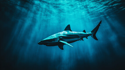 Fototapeta premium A majestic shark gliding through the deep ocean waters. The clear blue environment emphasizes its streamlined body and powerful presence.