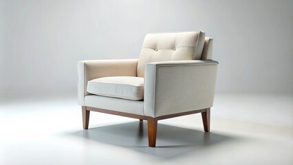 Low angle chair on white background with soft shadows, cream fabric texture, modern design