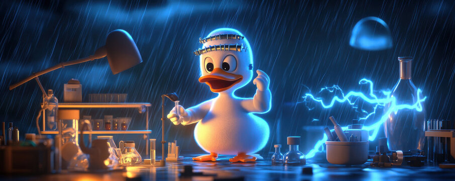 A cartoon duck in a lab, conducting experiments amidst rain and lightning effects.
