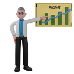 Illustrative 3D Male Physicist. A male physicist is standing while pointing at an INCOME diagram on his left. Professional