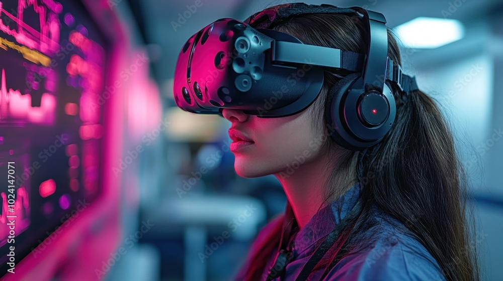 Poster woman using virtual reality headset with data display in background.