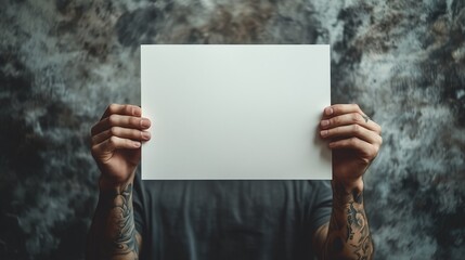 A blank white A4 paper held by two hands with tattoos, the background is gray and clean